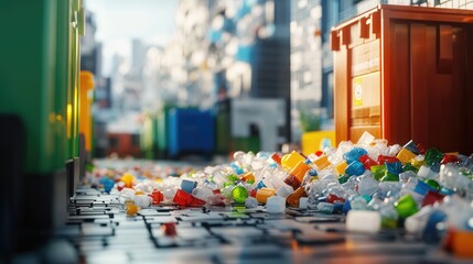 A cluttered urban street filled with plastic waste and recycling bins. Colorful plastic bottles and containers are scattered on the ground.