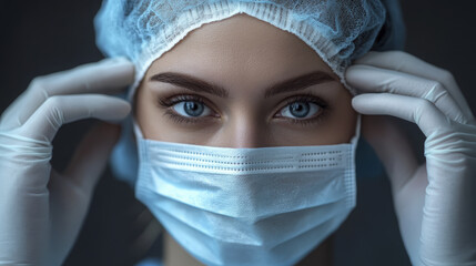 Caucasian doctor adjusts her surgical cap and mask with gloved hands before operating