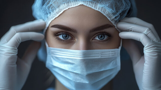 Caucasian doctor adjusts her surgical cap and mask with gloved hands before operating