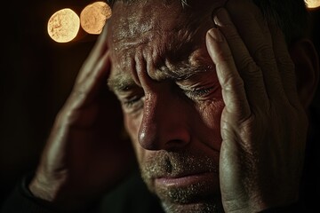 Crying middle-aged man suffering from pain in his head, blurred background, close-up portrait, Generative Ai 