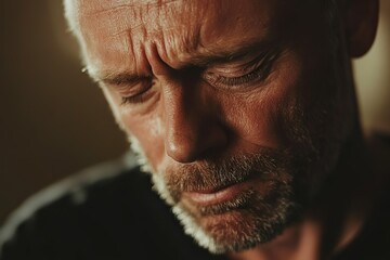 Crying middle-aged man suffering from pain in his head, blurred background, close-up portrait, Generative Ai 