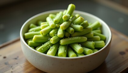 A photorealistic digital rendering showcases a mound of freshly harvested green stalks presented in a simple, off white ceramic receptacle