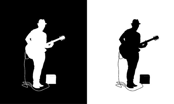 musician plays guitar silhouette vector illustration, music, song, singing man silhouette vector illustration, guitar silhouette, boy, man standing silhouette, fun, love, black, art, design, 