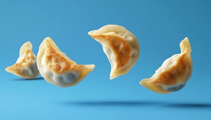 International gyoza dumpling delight culinary scene food photography bright blue background top view unique dish experience