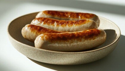 International food dish grilled bratwurst on a ceramic plate in soft lighting
