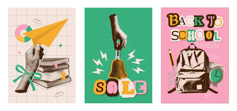 Back to School SALE collage posters set on colorful backgrounds with halftone elements - books, backpack, bell , hand holding paper plane, pencil, paper clips. Vintage zine vector illustration.