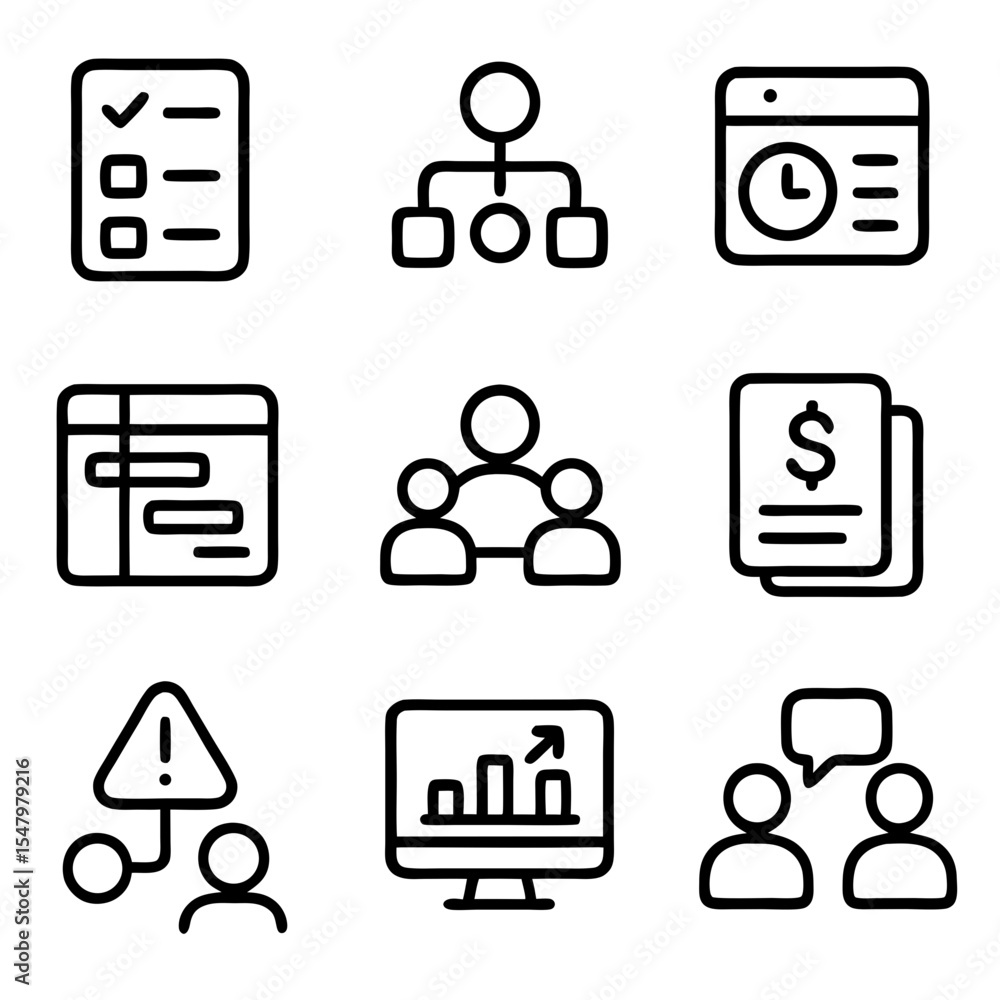 Poster outline simple task management line icons set business presentation element