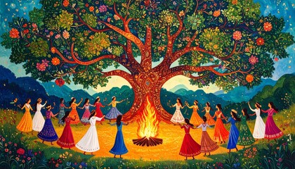 Obraz premium Vibrant Textile Artwork of People Dancing Around a Campfire Under a Large, Ornate Tree