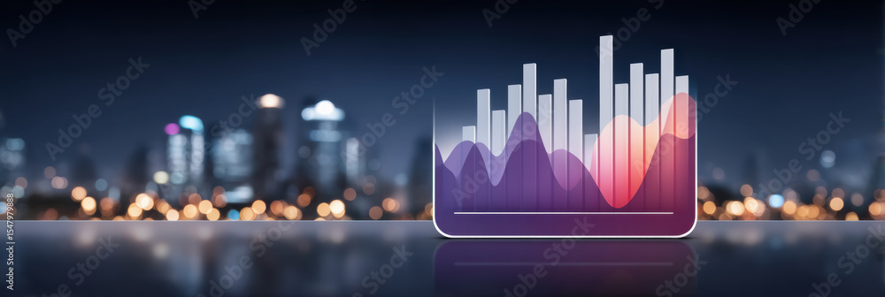 Poster digital e commerce graph with colorful data chart and bar chart on blurred city background showing b