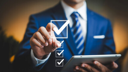A professional business photograph showing a person in a dark suit and blue striped tie interacting with a digital checklist interface