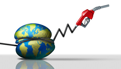 Rising Global Gas Prices and international oil price increase with a fuel pump as an economic challenge or rising car fueling cost economic concept and energy commodity crisis as financial market pres