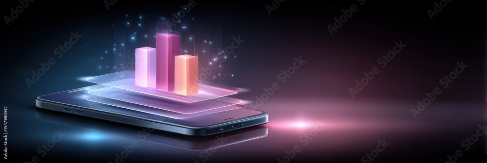 Poster digital e commerce concept with glowing 3d bar chart on smartphone screen showing data analysis and 