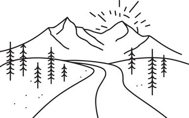 Christmas mountain landscape vector drawing with snow-covered houses and trees, ideal for a holiday business card design