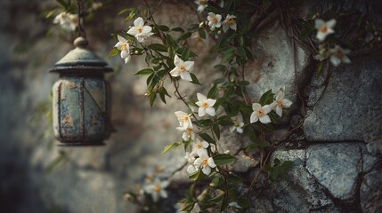 Close up of blooming jasmine climbing a cracked stone wall, ceramic lantern hanging above