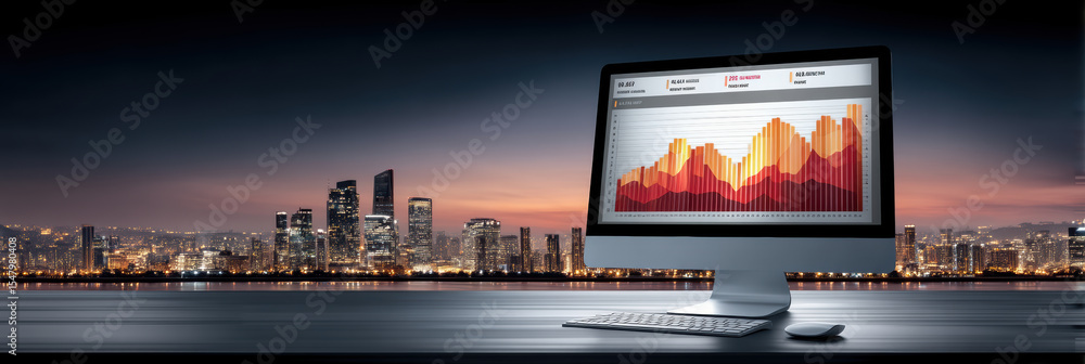 Poster digital e commerce concept with computer showing colorful graph on screen and city skyline at dusk c