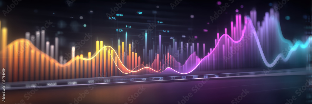 Poster digital e commerce data visualization with colorful glowing graphs and charts showing financial tren