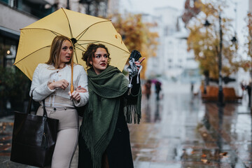 Friends share a walk in a city street, using a yellow umbrella for rain cover. Urban surroundings...