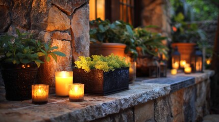 Evening patio corner with candles, soft lights, and citronella plants against stone wall