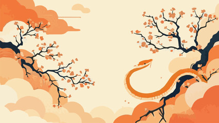 Autumn tree silhouette with red leaves and floral branches, a vibrant nature illustration