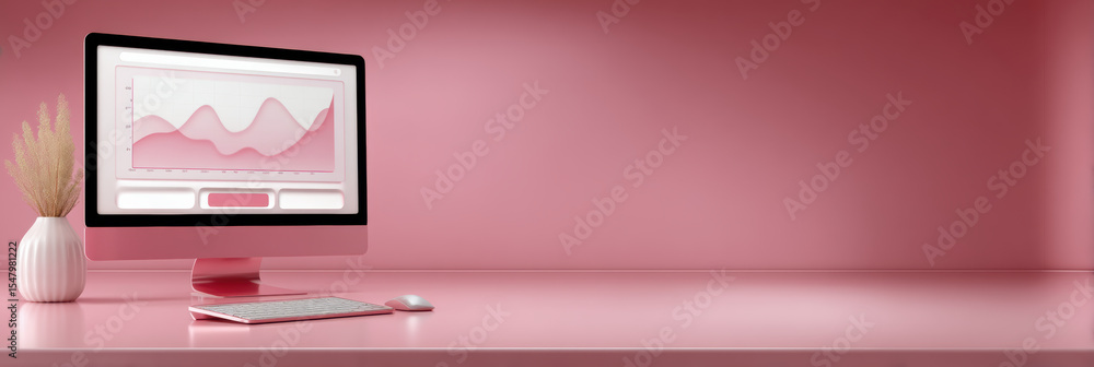 Poster digital e commerce data analysis on computer screen with pink background and modern workspace design