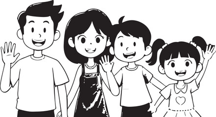 Happy family with children cartoon vector illustration, depicting a loving couple, boy, and girl smiling together
