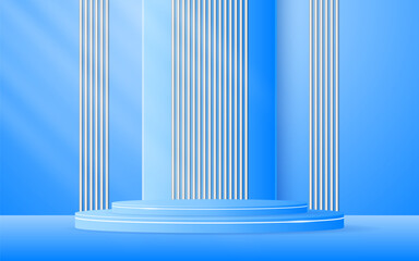 Blue podium with elegant white lines and a white slatted for displaying advertisements. Display of cosmetic products. Stage or podium. vector illustration	