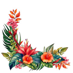 Watercolor tropical floral frame with hibiscus and jungle leaves. Colorful square botanical border for wedding, invitation,  card, summer greeting decorative design and exotic art projects..