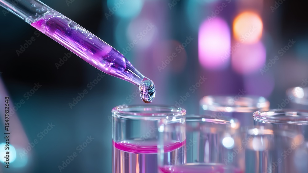 Poster colorful liquid science experiment with dropper and test tubes in laboratory setting during evening 