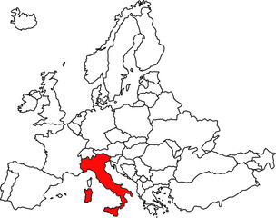 MAP OF ITALY, MAP OF EUROPE HIGHLIGHTING THE COUNTRY OF ITALY