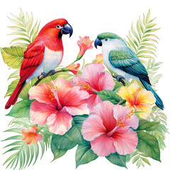 Watercolor tropical floral frame with hibiscus, birds and jungle leaves. Colorful square botanical border for wedding, invitation,  card, summer greeting decorative design and exotic art projects..