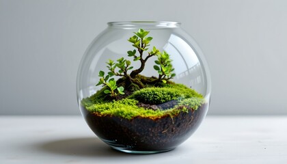 glass terrarium with thriving miniature ecosystem of moss and small green plants, positioned at the bottom with clear copy space at the top.