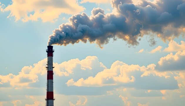 pany chimney emitting smoke in shape of co2, on left with clear copy space on right.