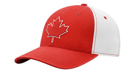 Canadian Cap: A vibrant, eye-level shot of a Canadian baseball cap with the iconic maple leaf emblem, showcasing its colors and design in sharp detail.