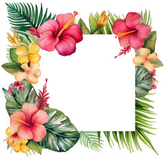 Watercolor tropical floral frame with hibiscus and jungle leaves. Colorful square botanical border for wedding, invitation,  card, summer greeting decorative design and exotic art projects..
