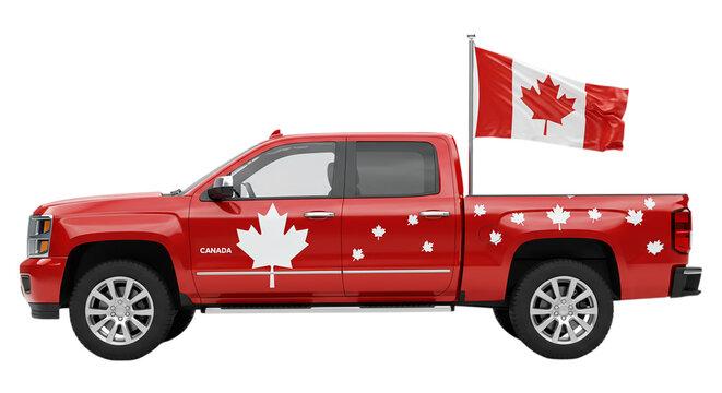 Canadian Pride on Wheels: A vibrant red pickup truck proudly displays the Canadian flag and maple leaf motifs, embodying patriotism and national identity.