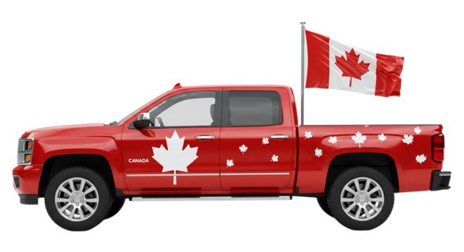 Canadian Pride on Wheels: A vibrant red pickup truck proudly displays the Canadian flag and maple leaf motifs, embodying patriotism and national identity.