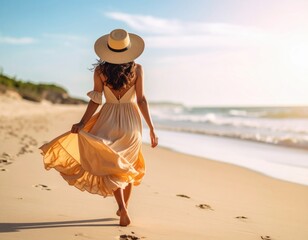 Woman walking on beach in summer dress