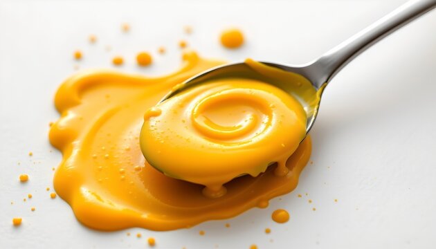 yellow mustard splash on a spoon at the bottom of the image, with clear copy space at the top, rendered in sunny realism style.