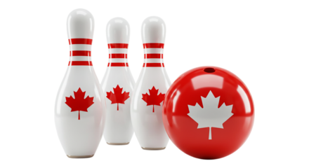 Canadian Bowling Game: A collection of bowling pins and a ball with Canadian flag elements stand ready for the game, embodying a fun sport and patriotic spirit. 