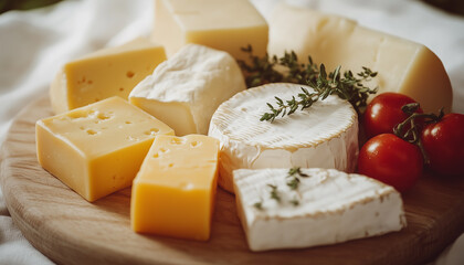 Festive Gourmet Cheese Board with Herbs and Tomatoes
