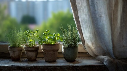 Small open window with a linen curtain, herbs in clay pots on the sill, overlooking a garden
