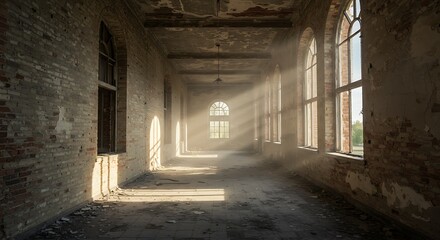Obraz premium Abandoned brick corridor with sunbeams streaming through windows