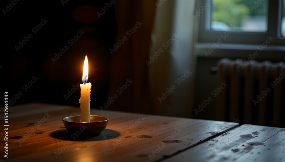 Poster single flickering candle on empty table symbolizing peaceful end, dark background emphasizing glow, 