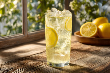 Refreshing lemon drink with ice, perfect for a sunny day by the window.
