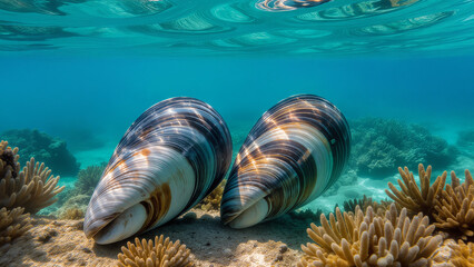 Conchas de mejillones sumergidos y adheridos al lecho marino o coralino, aguas turquesa poco profundas, submarinismo, buceo, primer plano, naturaleza