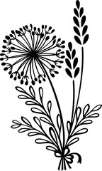 Bouquet of wild flowers. Black and white