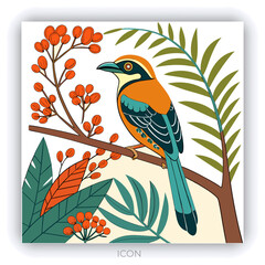 Two yellow canaries perched in lush green foliage oil painting style nature scene wildlife birdwatching