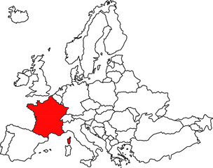 FRANCE MAP, EUROPE MAP HIGHLIGHTING THE COUNTRY OF FRANCE.