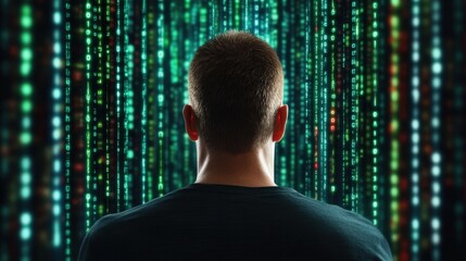 A computer engineer analyzing network traffic to decode hidden messages, copyspace