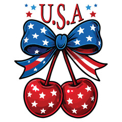 watercolor effects Cherry fruit , hand writing text slogan...U.S.A and Bow With USA flag, vintage graphics print art, women's fashion design for fruit print trend t-shirt